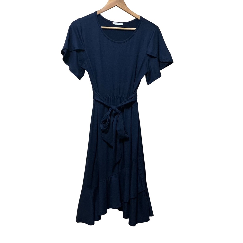Reborn J Flutter Sleeve Ruffle Hem Midi Dress Large Navy Blue T3345R